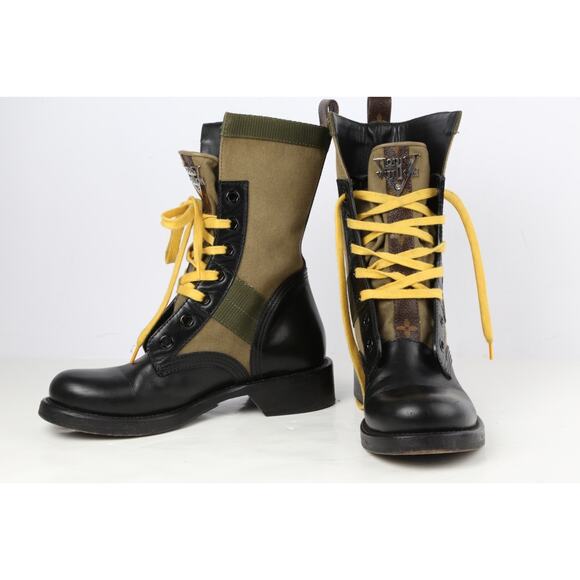 Louis Vuitton 2020 Metropolis Flat Ranger Boots Green Black Lace Up Combat Sz 37 - Picture 13 of 16